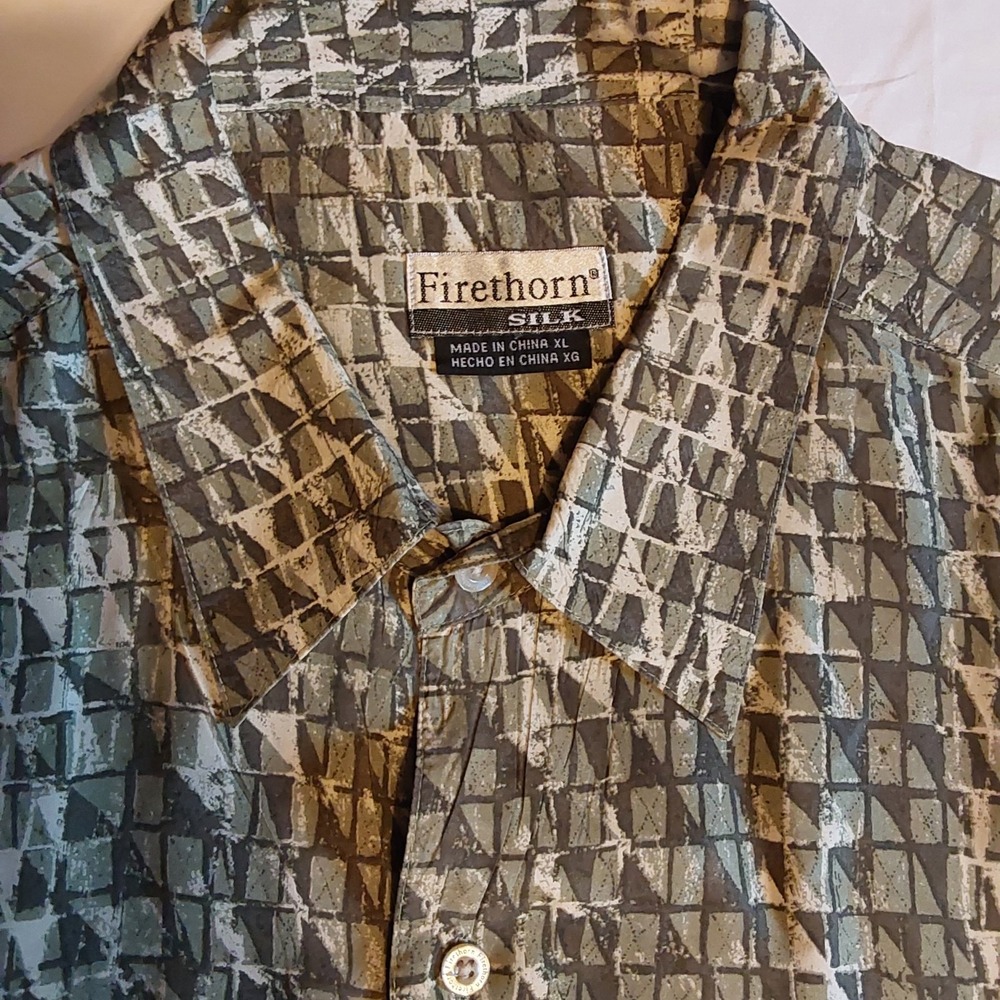 Men's Silk Firethorn XL Short Sleeve Green Geometric Washable Casual Dress Shirt - Picture 2 of 10